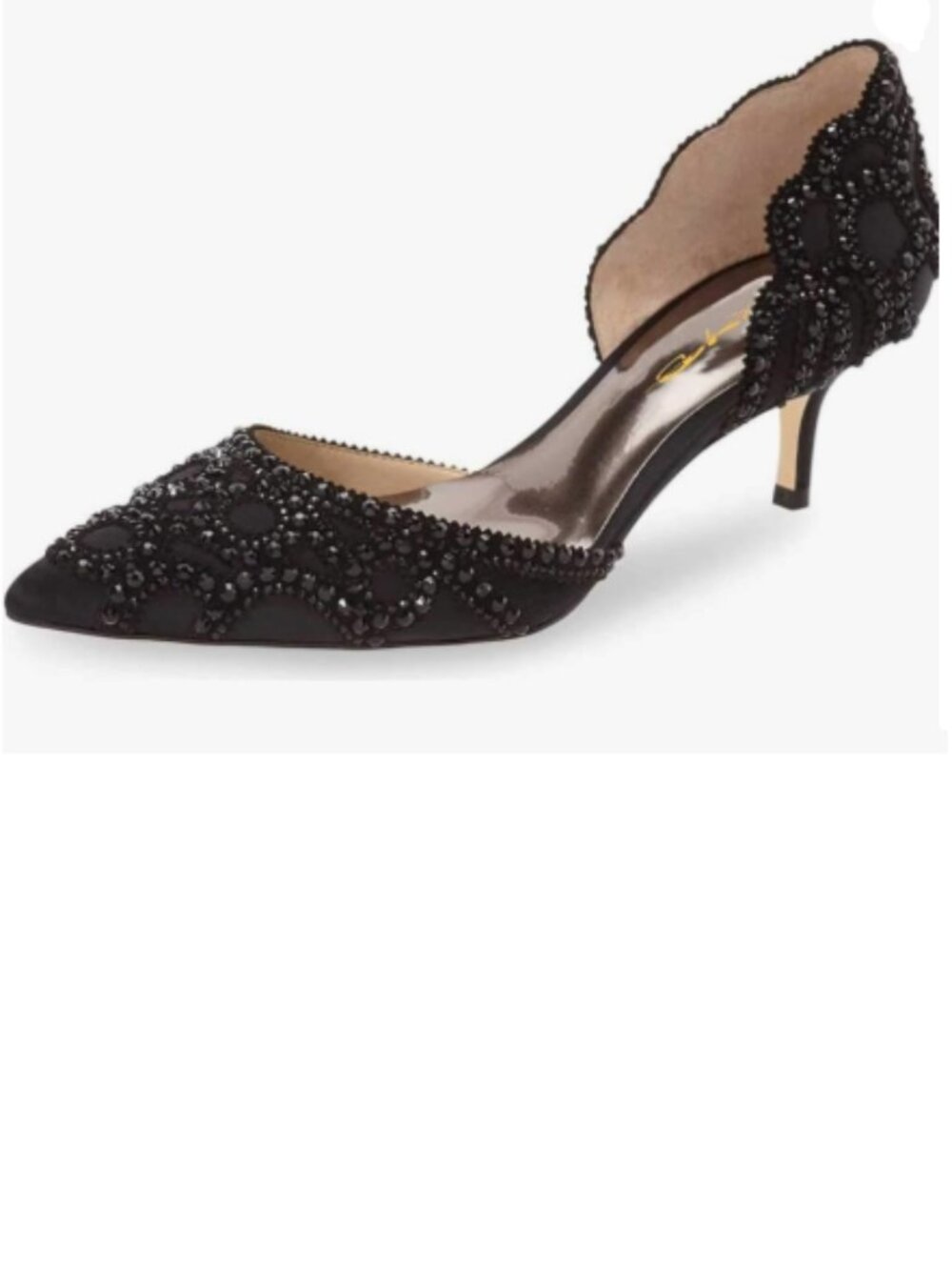 XYD Black Pumps Pointed Toe D'Orsay Kitten Heel Rhinestone Studs Slip-On Shoes
